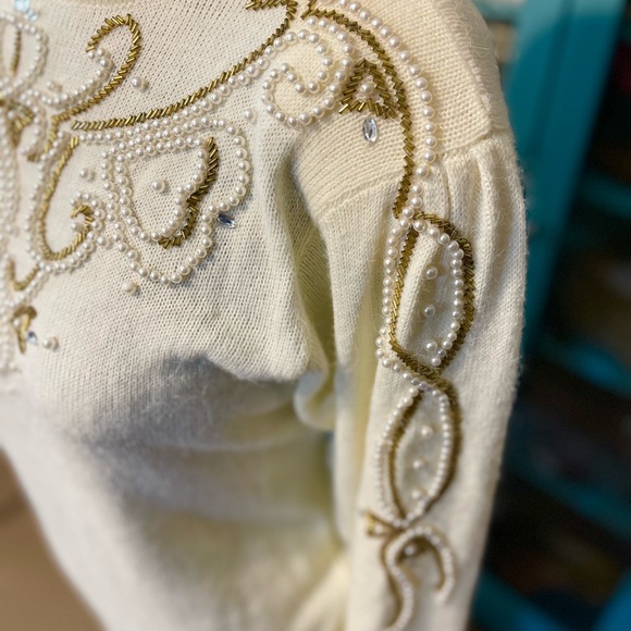 Vintage Darian Cream Sweater Dress w/ Pearls, Rhinestones & Gold Beading - Picture 4 of 4